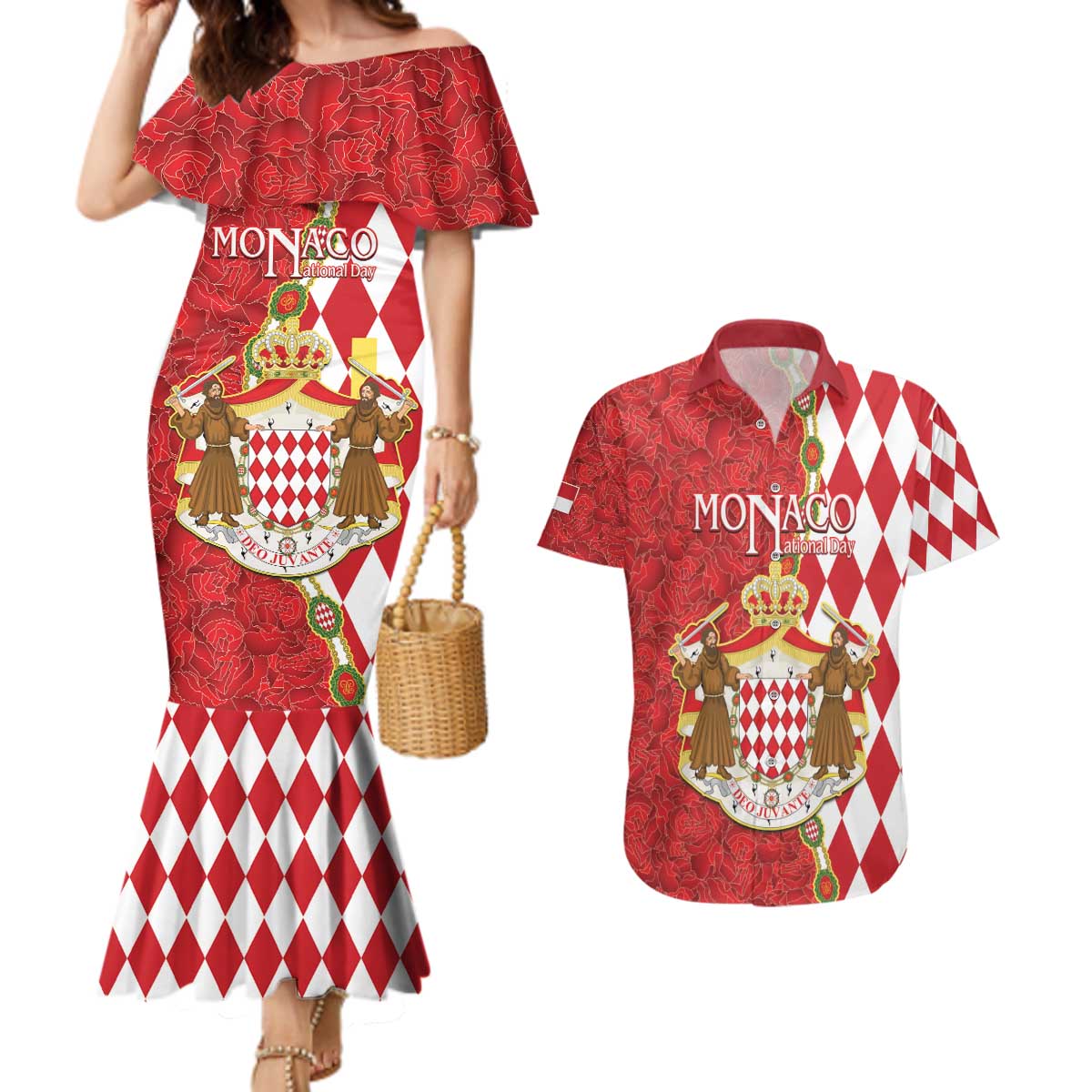 Monaco National Day Couples Matching Mermaid Dress and Hawaiian Shirt Coat Of Arms Mix Red Carnation Pattern - Wonder Print Shop