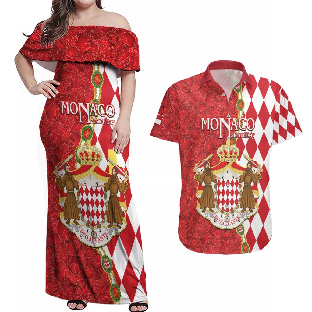 Monaco National Day Couples Matching Off Shoulder Maxi Dress and Hawaiian Shirt Coat Of Arms Mix Red Carnation Pattern - Wonder Print Shop