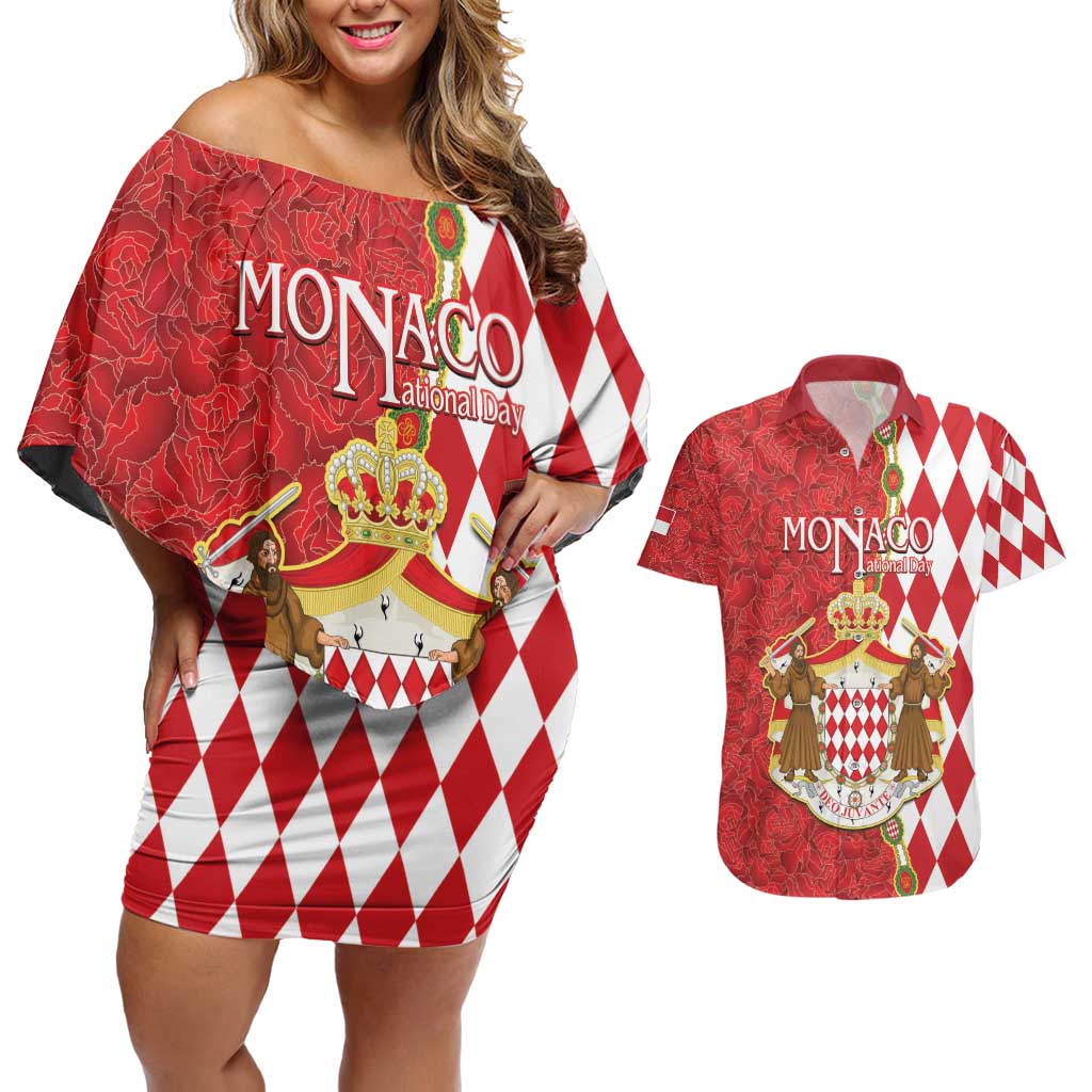 Monaco National Day Couples Matching Off Shoulder Short Dress and Hawaiian Shirt Coat Of Arms Mix Red Carnation Pattern - Wonder Print Shop