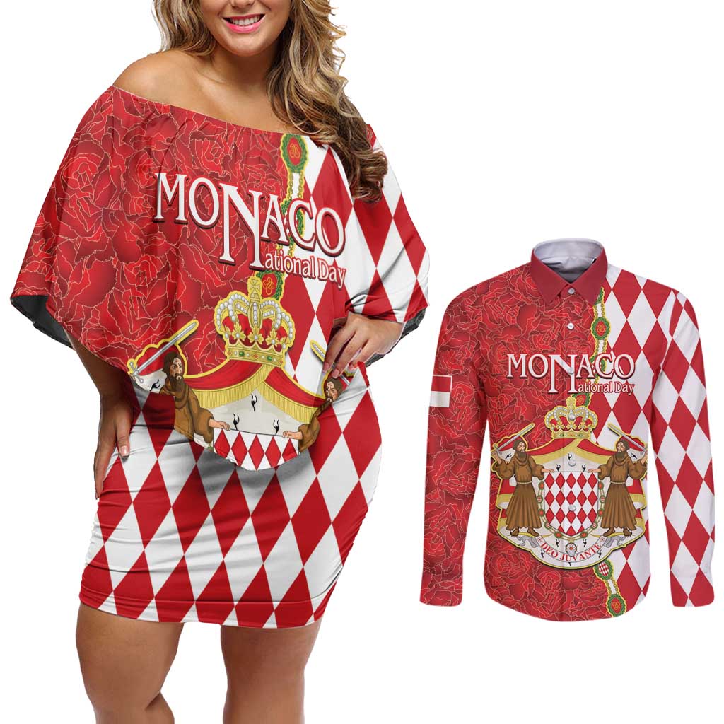 Monaco National Day Couples Matching Off Shoulder Short Dress and Long Sleeve Button Shirt Coat Of Arms Mix Red Carnation Pattern - Wonder Print Shop