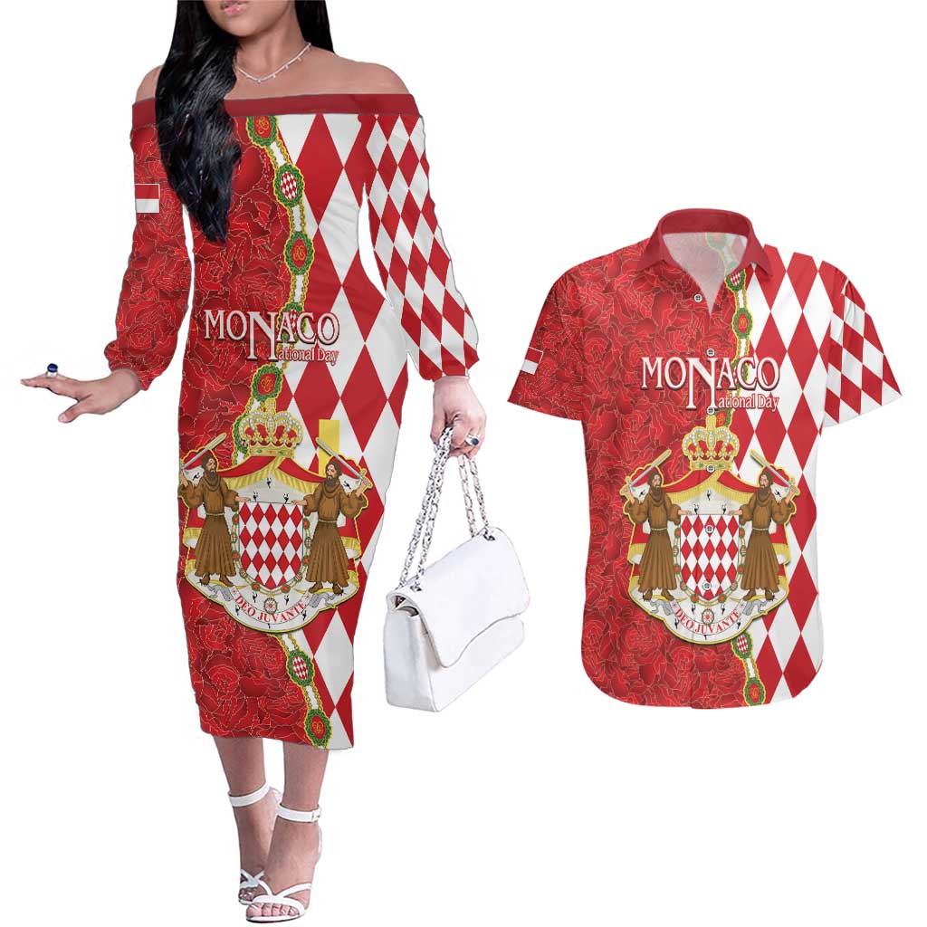 Monaco National Day Couples Matching Off The Shoulder Long Sleeve Dress and Hawaiian Shirt Coat Of Arms Mix Red Carnation Pattern - Wonder Print Shop