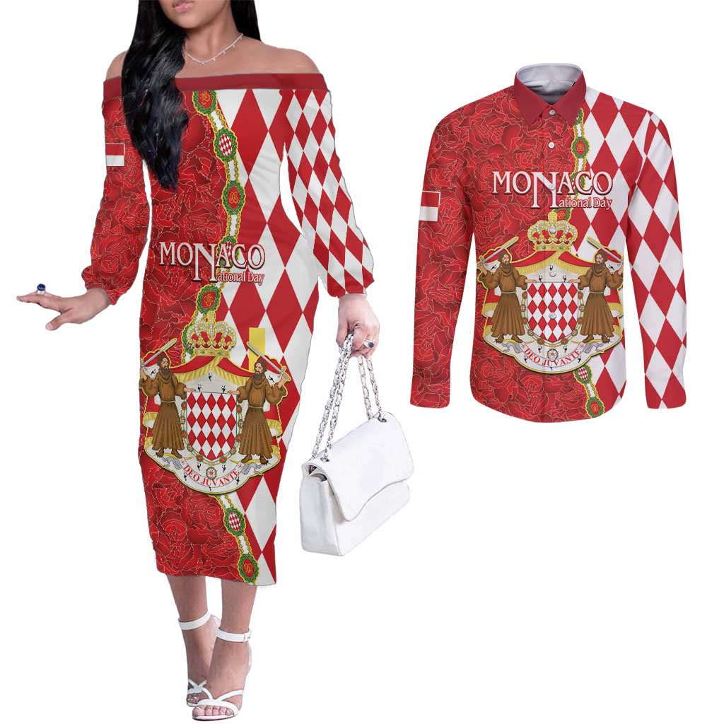 Monaco National Day Couples Matching Off The Shoulder Long Sleeve Dress and Long Sleeve Button Shirt Coat Of Arms Mix Red Carnation Pattern