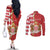 Monaco National Day Couples Matching Off The Shoulder Long Sleeve Dress and Long Sleeve Button Shirt Coat Of Arms Mix Red Carnation Pattern