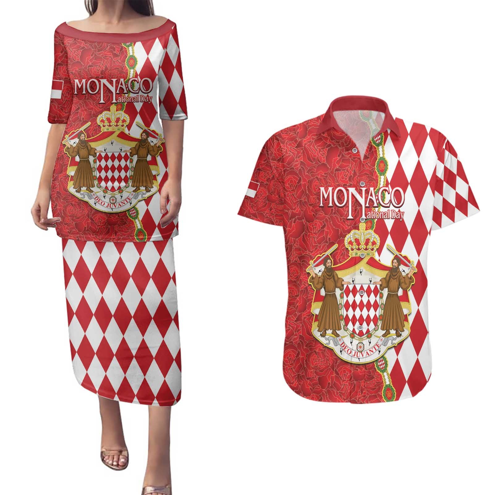 Monaco National Day Couples Matching Puletasi and Hawaiian Shirt Coat Of Arms Mix Red Carnation Pattern - Wonder Print Shop