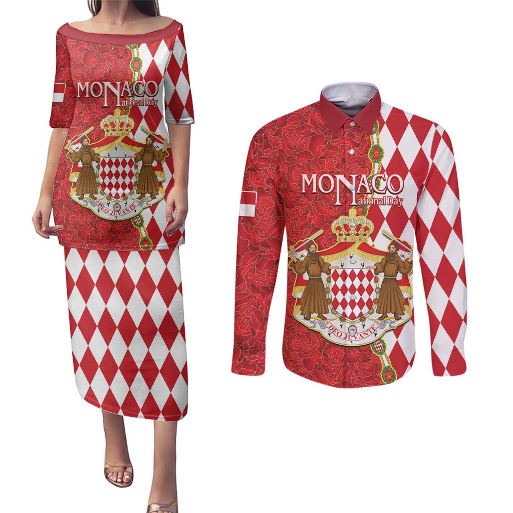 Monaco National Day Couples Matching Puletasi and Long Sleeve Button Shirt Coat Of Arms Mix Red Carnation Pattern - Wonder Print Shop