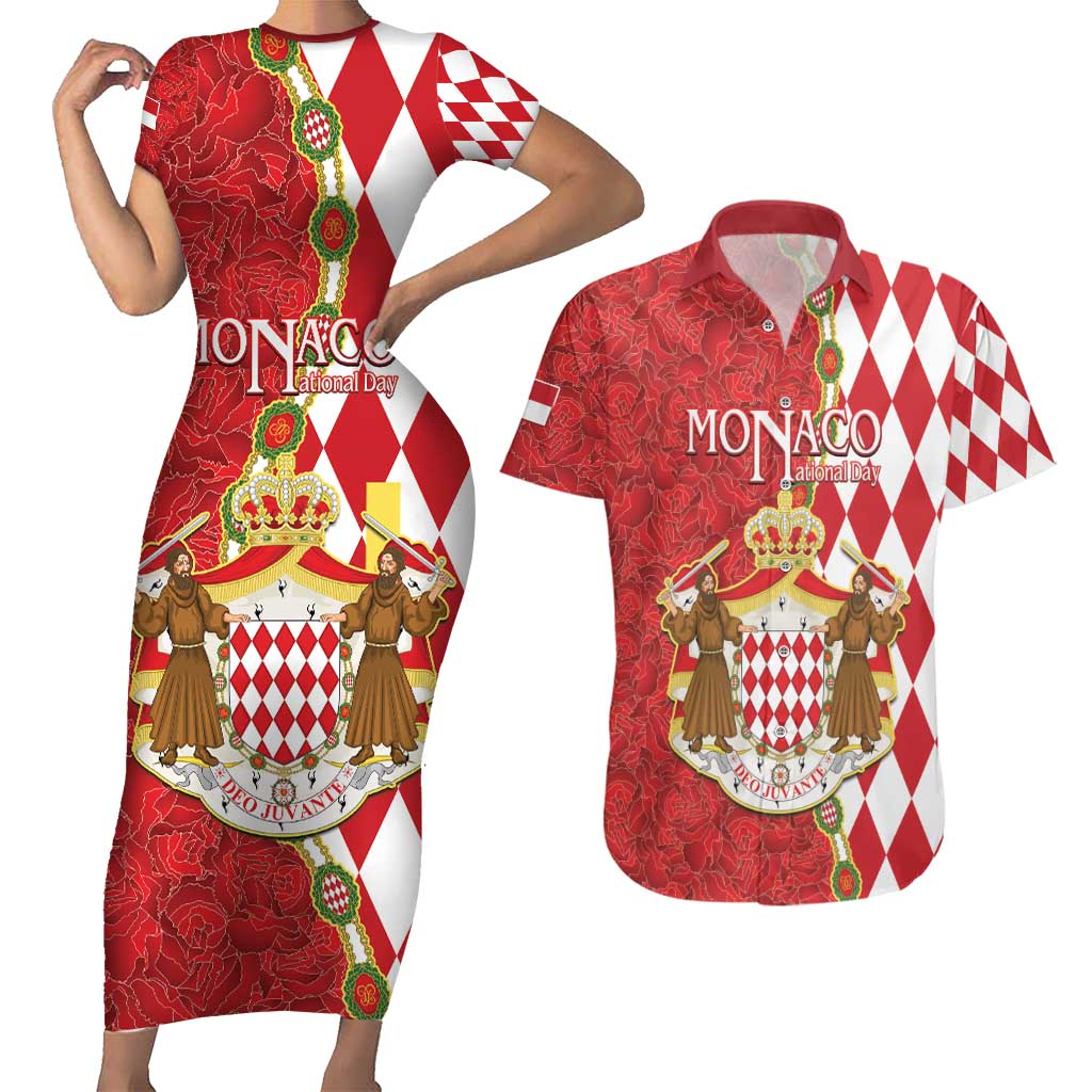 Monaco National Day Couples Matching Short Sleeve Bodycon Dress and Hawaiian Shirt Coat Of Arms Mix Red Carnation Pattern - Wonder Print Shop