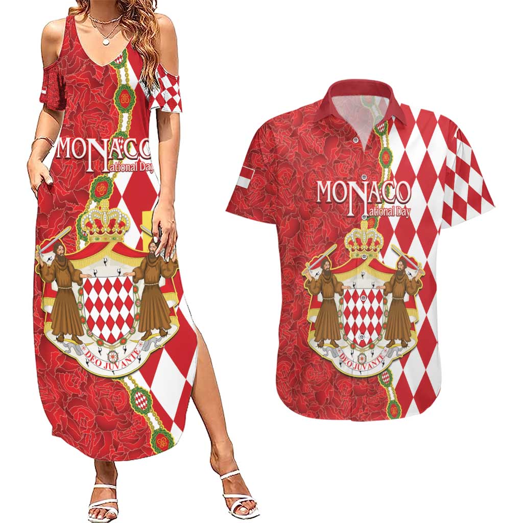 Monaco National Day Couples Matching Summer Maxi Dress and Hawaiian Shirt Coat Of Arms Mix Red Carnation Pattern - Wonder Print Shop