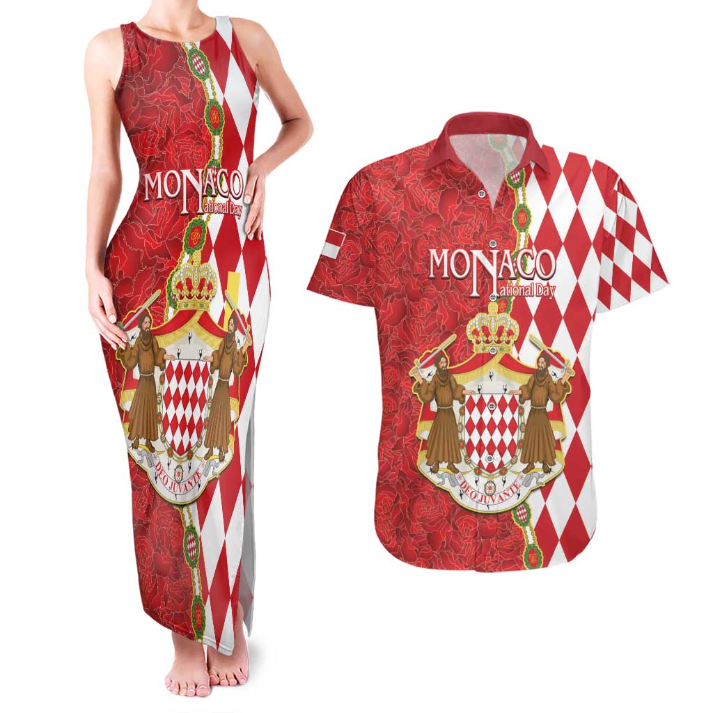 Monaco National Day Couples Matching Tank Maxi Dress and Hawaiian Shirt Coat Of Arms Mix Red Carnation Pattern - Wonder Print Shop