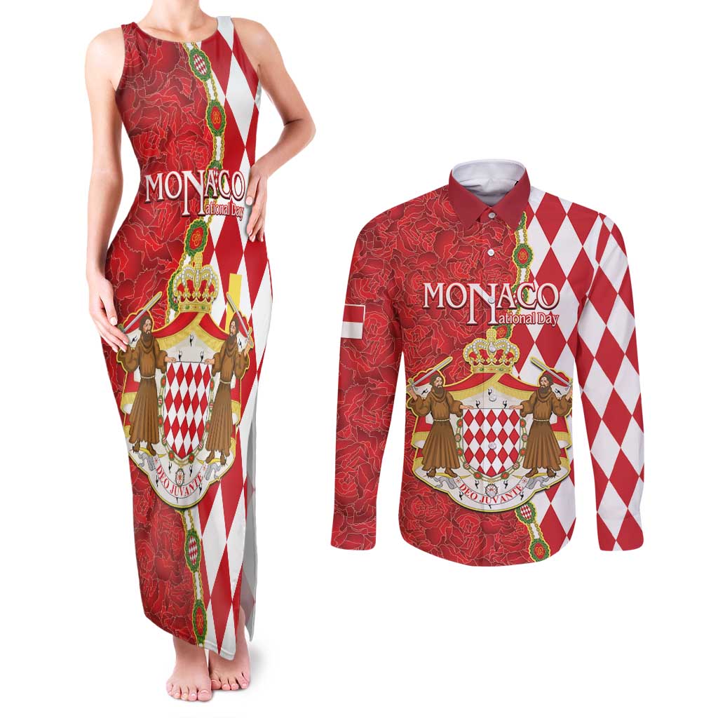 Monaco National Day Couples Matching Tank Maxi Dress and Long Sleeve Button Shirt Coat Of Arms Mix Red Carnation Pattern - Wonder Print Shop