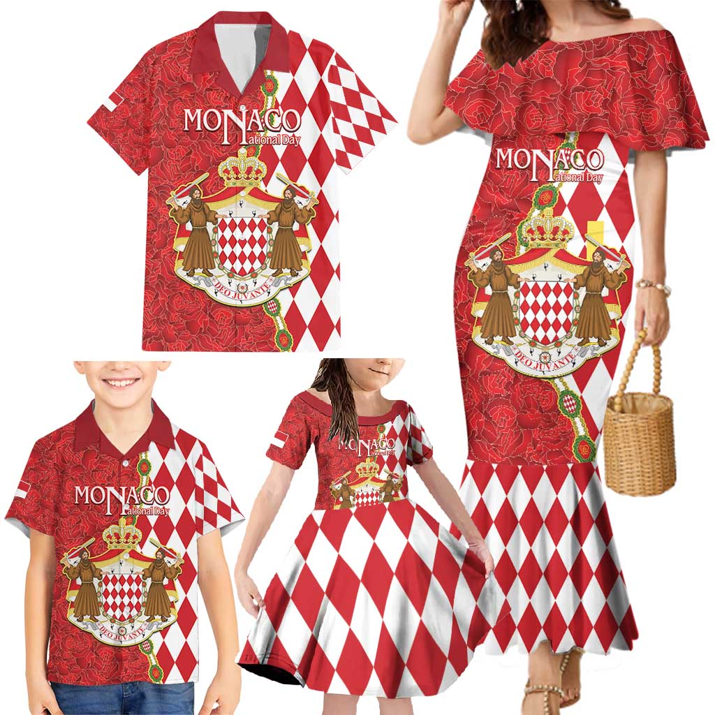 Monaco National Day Family Matching Mermaid Dress and Hawaiian Shirt Coat Of Arms Mix Red Carnation Pattern - Wonder Print Shop