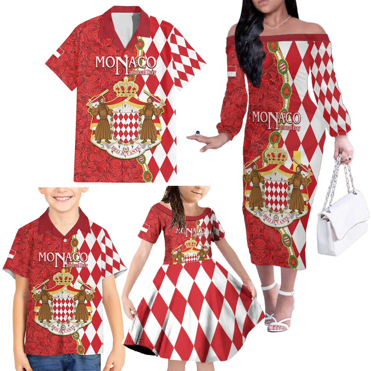 Monaco National Day Family Matching Off The Shoulder Long Sleeve Dress and Hawaiian Shirt Coat Of Arms Mix Red Carnation Pattern - Wonder Print Shop