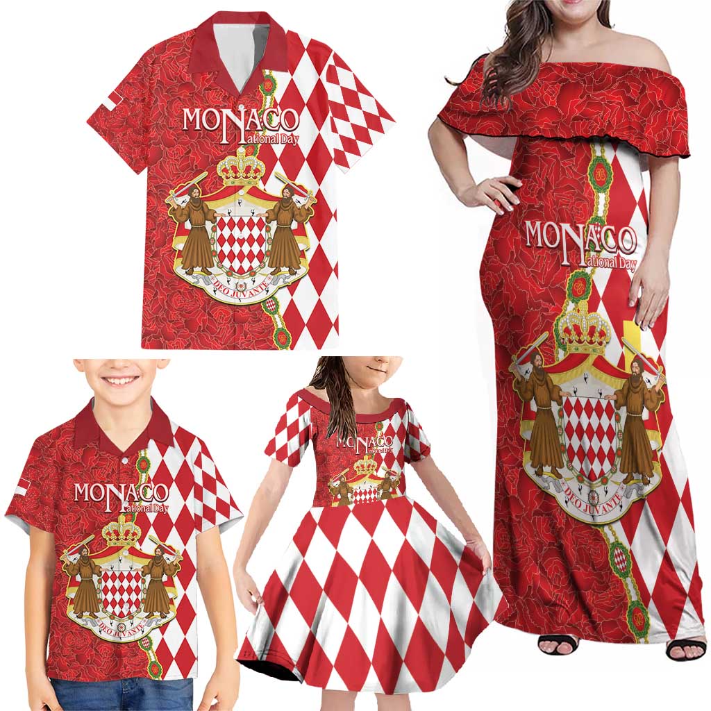 Monaco National Day Family Matching Off Shoulder Maxi Dress and Hawaiian Shirt Coat Of Arms Mix Red Carnation Pattern - Wonder Print Shop