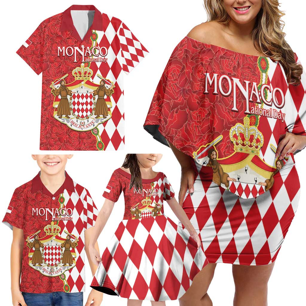 Monaco National Day Family Matching Off Shoulder Short Dress and Hawaiian Shirt Coat Of Arms Mix Red Carnation Pattern - Wonder Print Shop