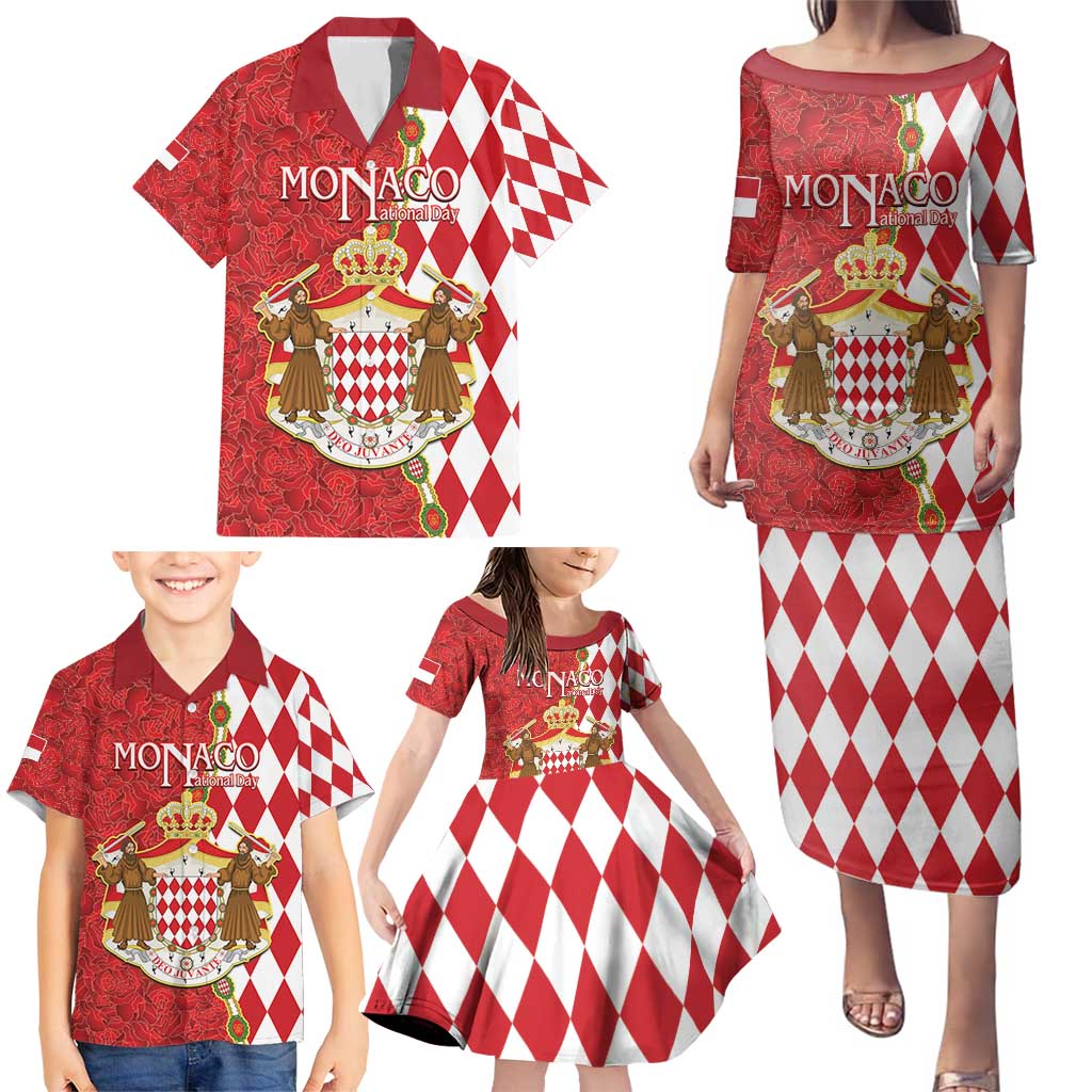 Monaco National Day Family Matching Puletasi and Hawaiian Shirt Coat Of Arms Mix Red Carnation Pattern - Wonder Print Shop