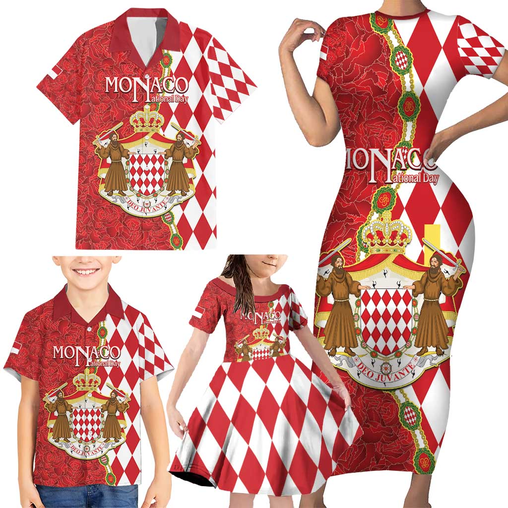 Monaco National Day Family Matching Short Sleeve Bodycon Dress and Hawaiian Shirt Coat Of Arms Mix Red Carnation Pattern - Wonder Print Shop