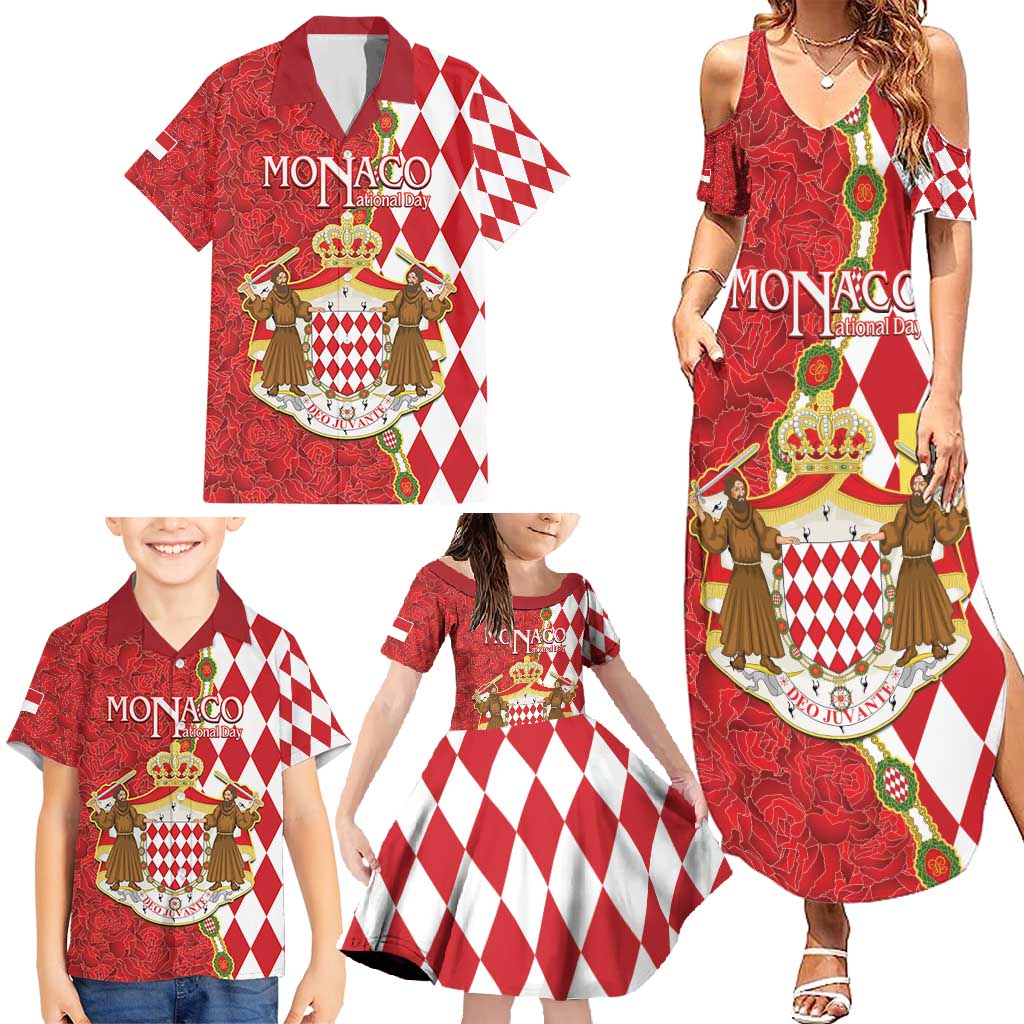 Monaco National Day Family Matching Summer Maxi Dress and Hawaiian Shirt Coat Of Arms Mix Red Carnation Pattern - Wonder Print Shop