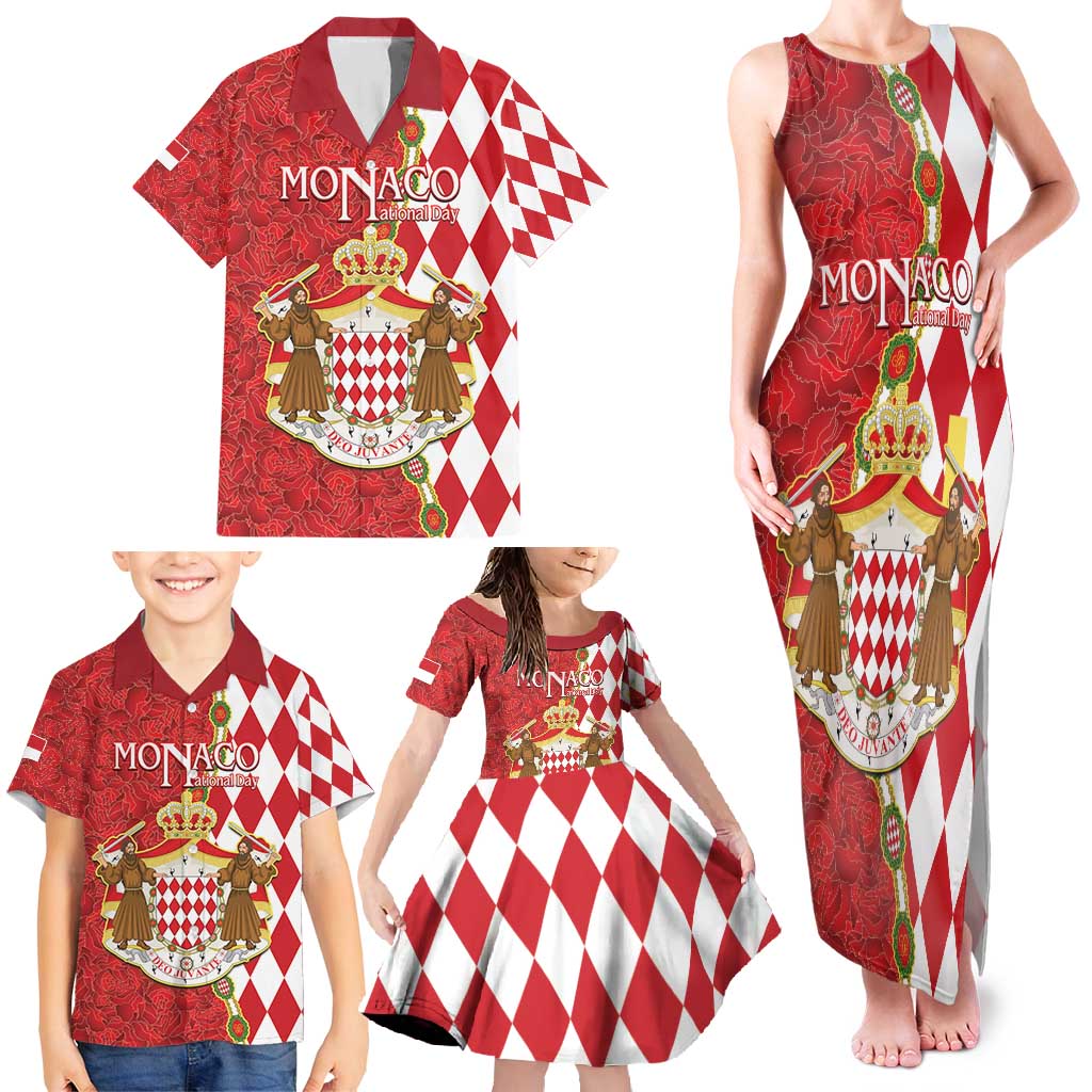 Monaco National Day Family Matching Tank Maxi Dress and Hawaiian Shirt Coat Of Arms Mix Red Carnation Pattern - Wonder Print Shop