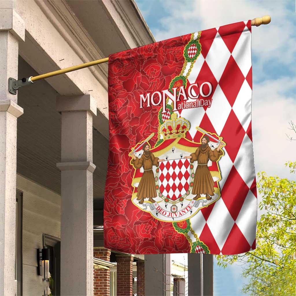 Monaco National Day Garden Flag Coat Of Arms Mix Red Carnation Pattern - Wonder Print Shop