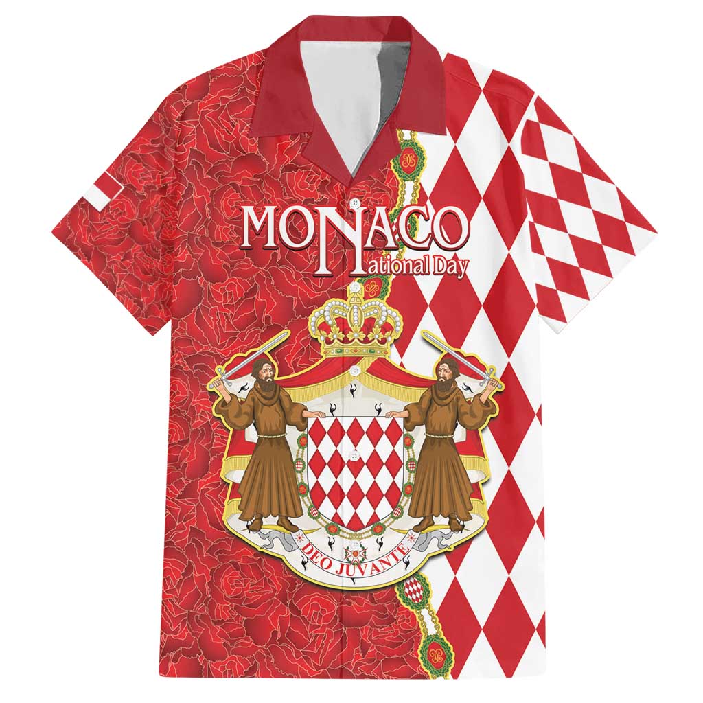 Monaco National Day Hawaiian Shirt Coat Of Arms Mix Red Carnation Pattern - Wonder Print Shop