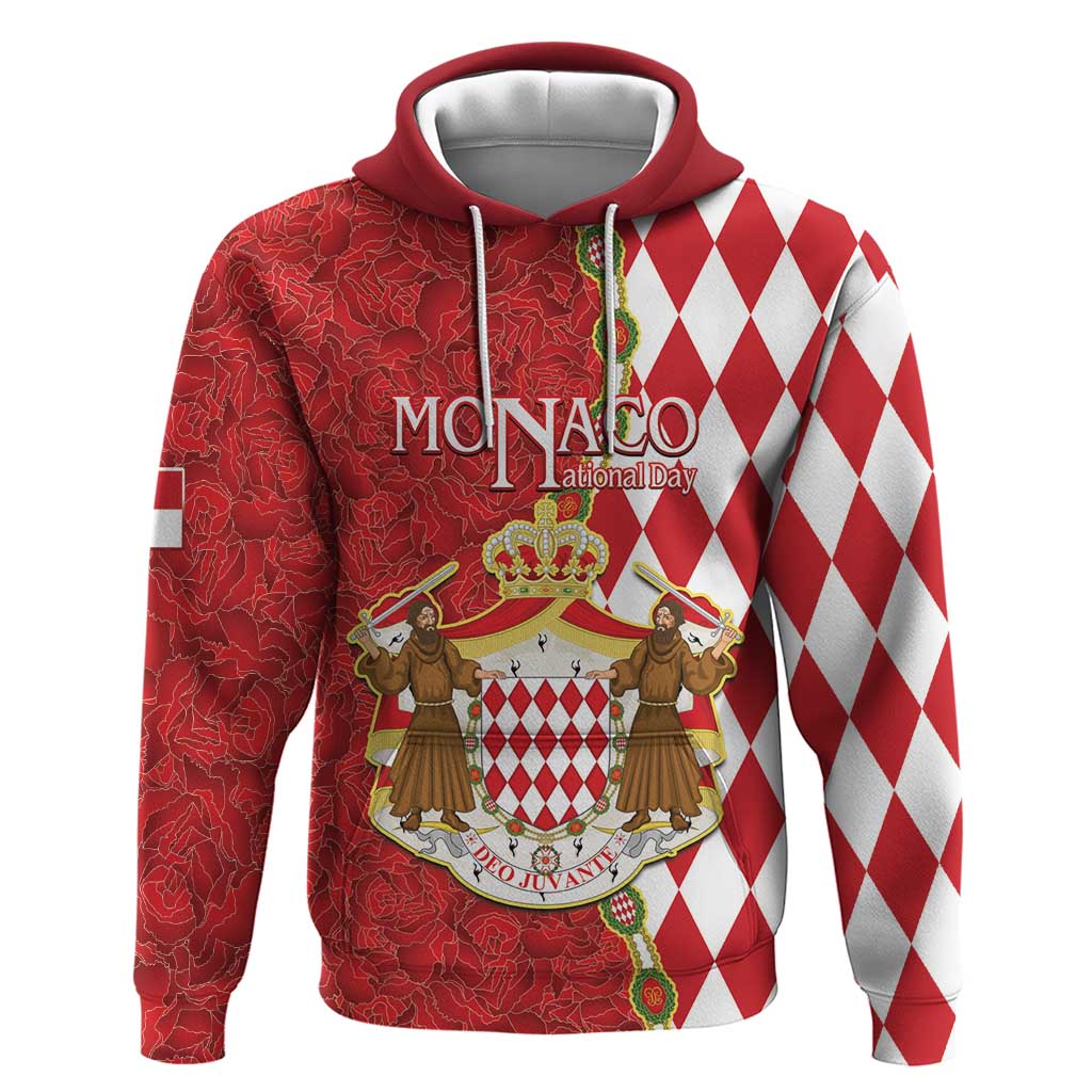 Monaco National Day Hoodie Coat Of Arms Mix Red Carnation Pattern - Wonder Print Shop