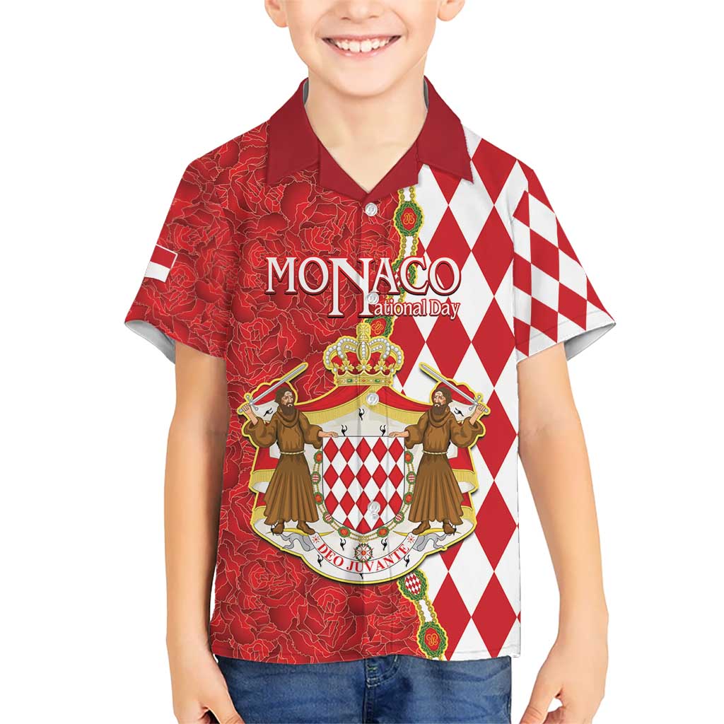 Monaco National Day Kid Hawaiian Shirt Coat Of Arms Mix Red Carnation Pattern - Wonder Print Shop