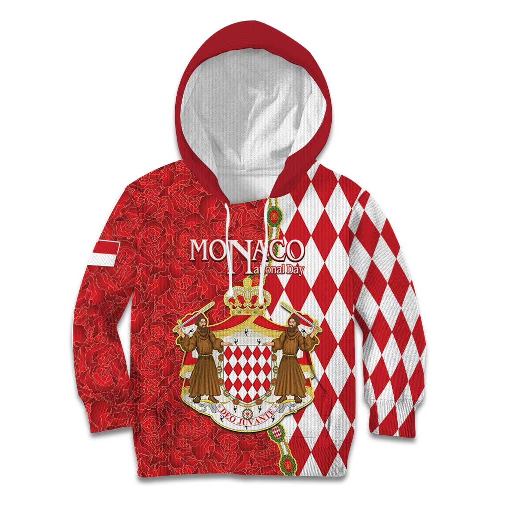 Monaco National Day Kid Hoodie Coat Of Arms Mix Red Carnation Pattern - Wonder Print Shop