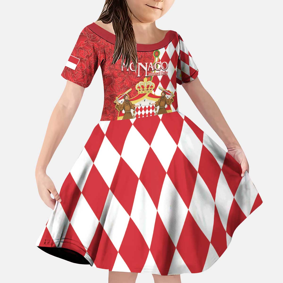 Monaco National Day Kid Short Sleeve Dress Coat Of Arms Mix Red Carnation Pattern - Wonder Print Shop