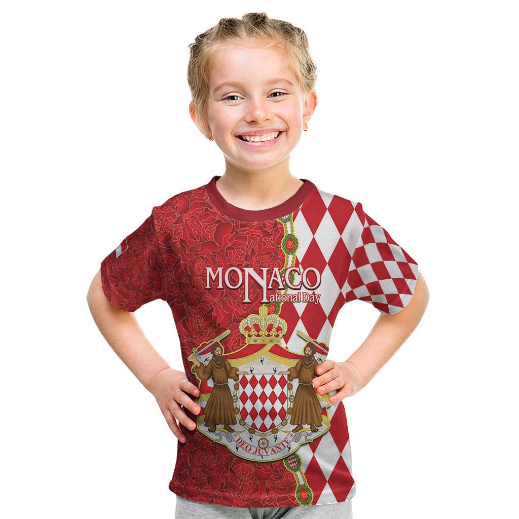 Monaco National Day Kid T Shirt Coat Of Arms Mix Red Carnation Pattern - Wonder Print Shop