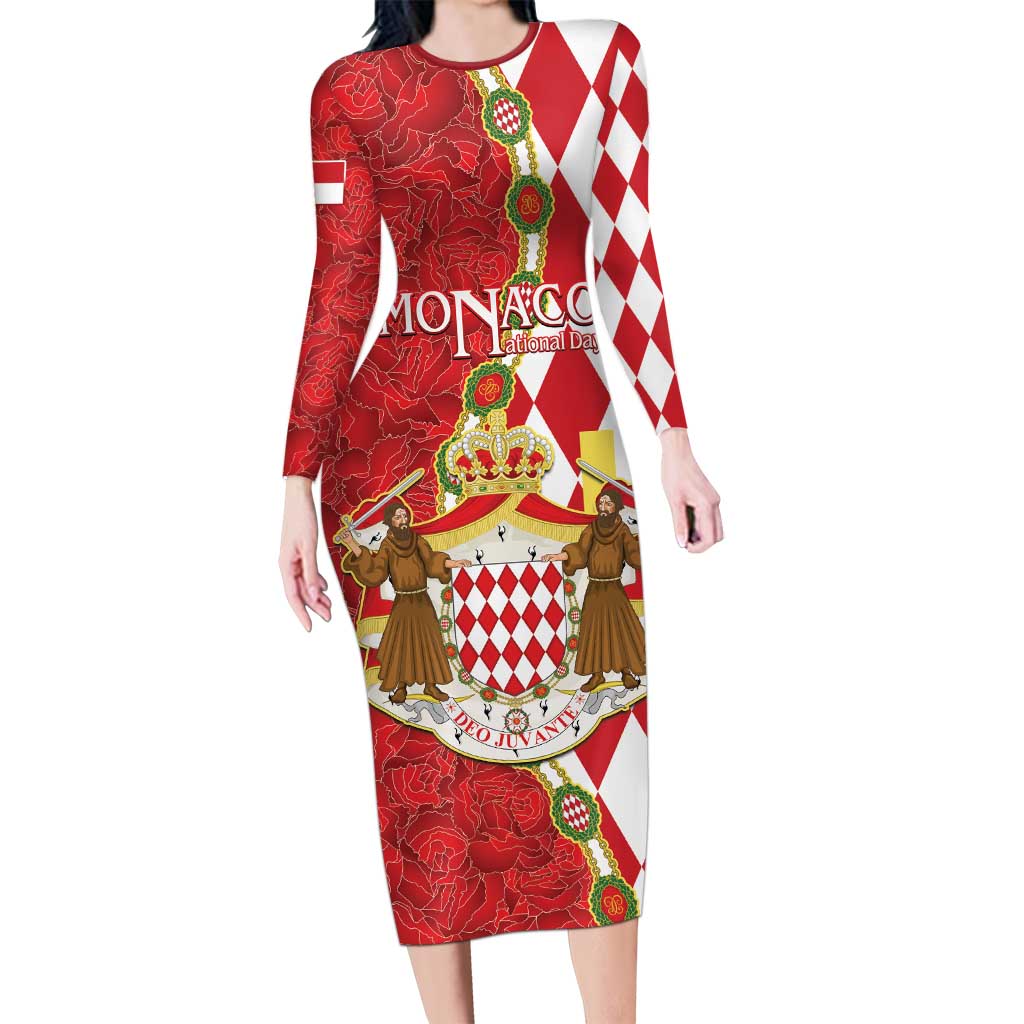 Monaco National Day Long Sleeve Bodycon Dress Coat Of Arms Mix Red Carnation Pattern - Wonder Print Shop