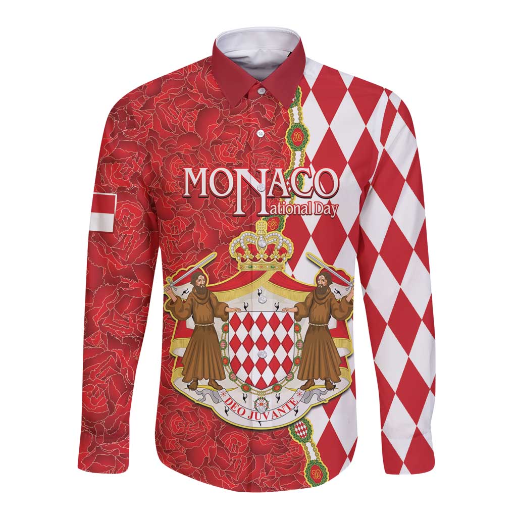 Red long-sleeve button shirt with central crest print and diamond pattern panels