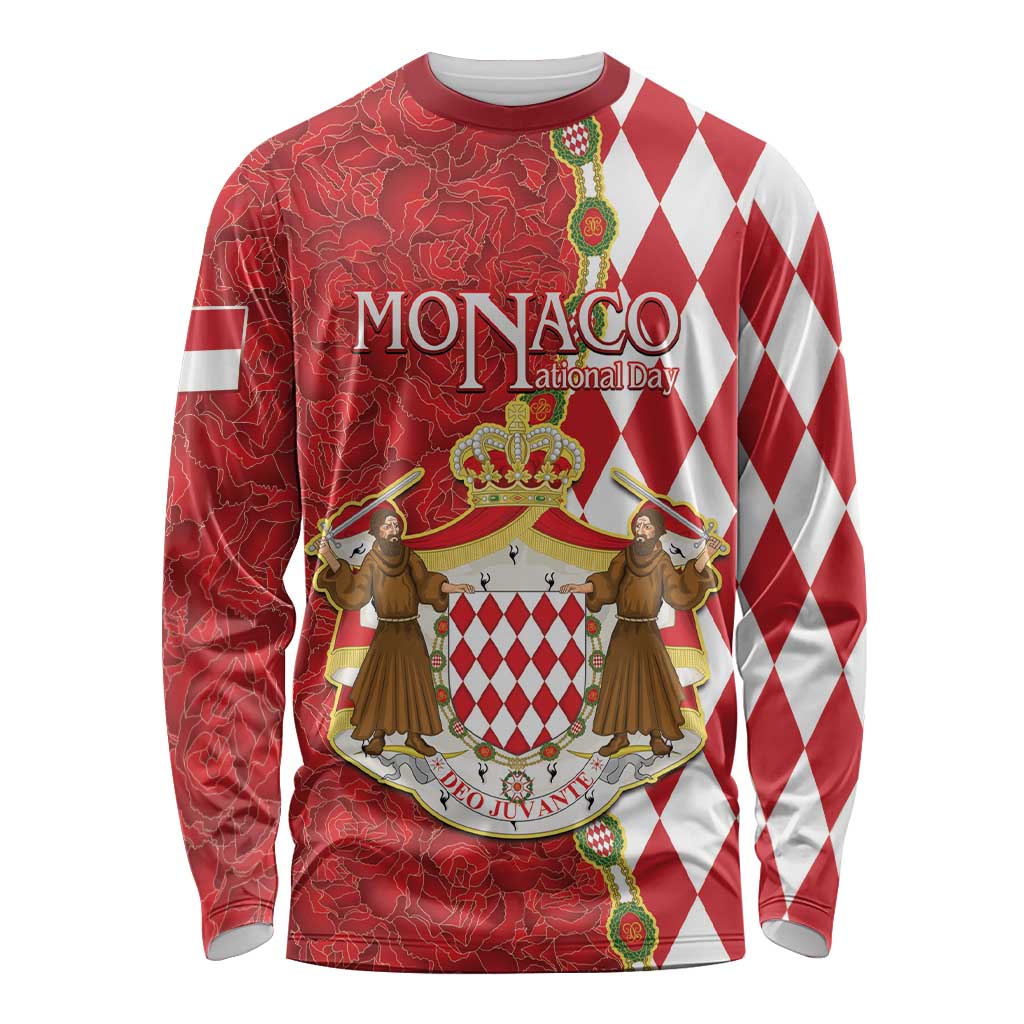 Monaco National Day Long Sleeve Shirt Coat Of Arms Mix Red Carnation Pattern - Wonder Print Shop