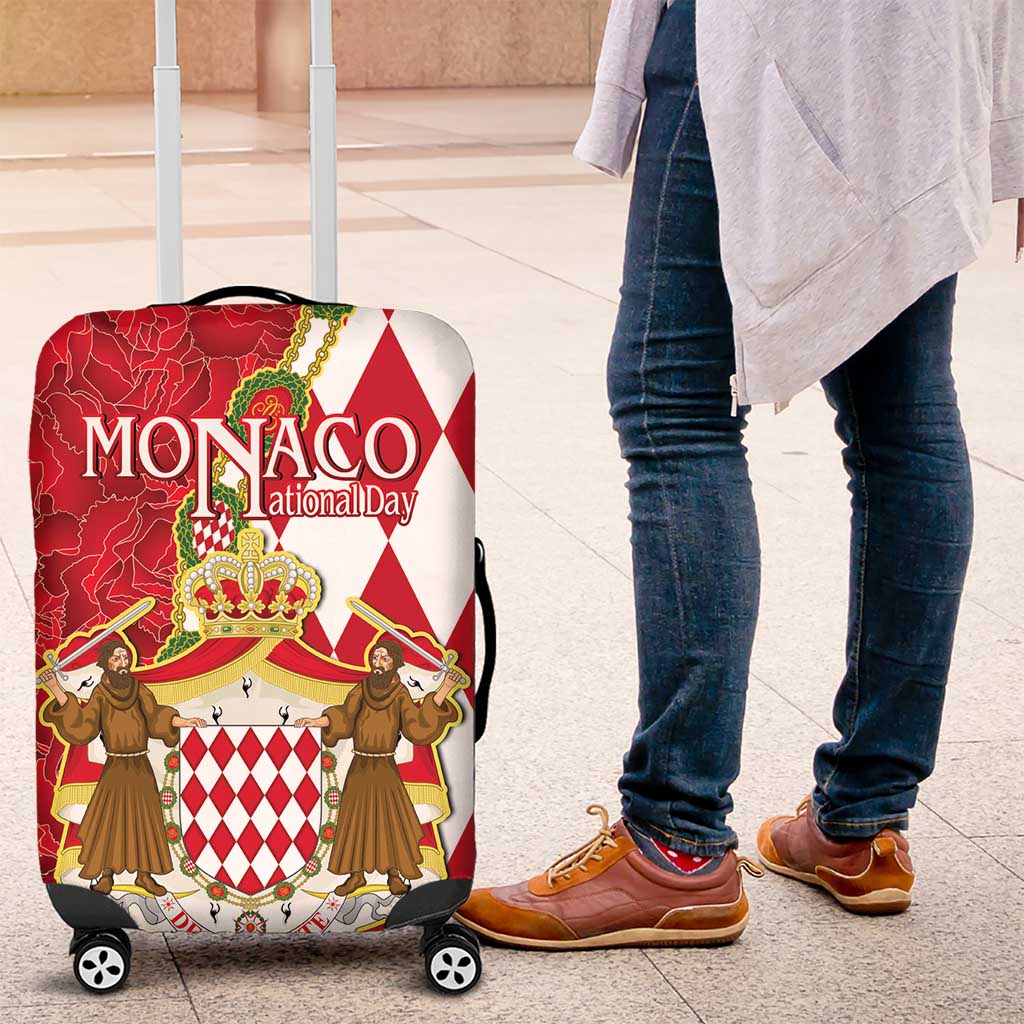 Monaco National Day Luggage Cover Coat Of Arms Mix Red Carnation Pattern - Wonder Print Shop