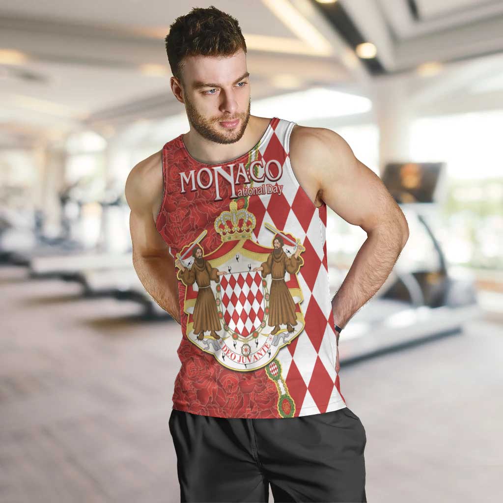 Monaco National Day Men Tank Top Coat Of Arms Mix Red Carnation Pattern - Wonder Print Shop