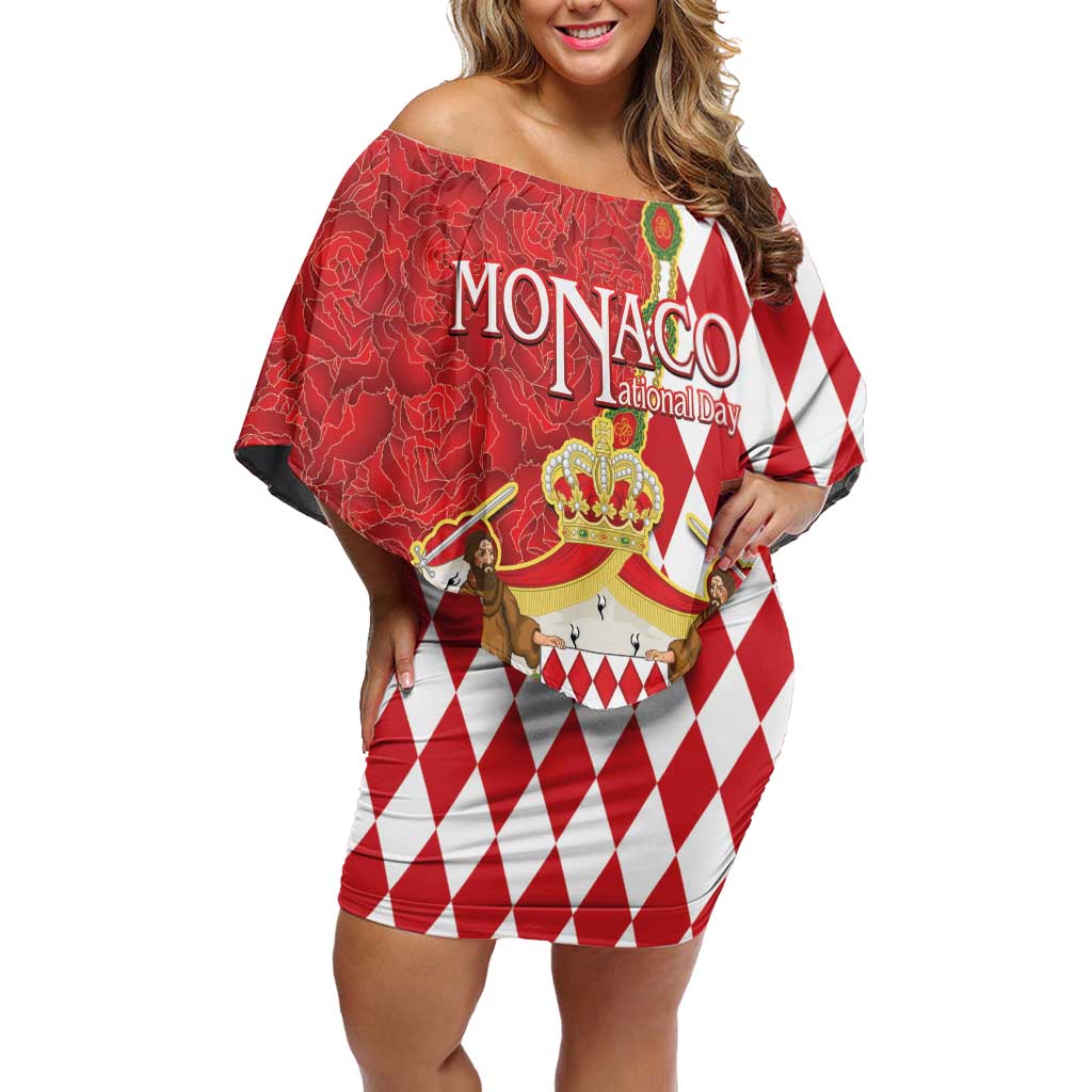 Monaco National Day Off Shoulder Short Dress Coat Of Arms Mix Red Carnation Pattern - Wonder Print Shop