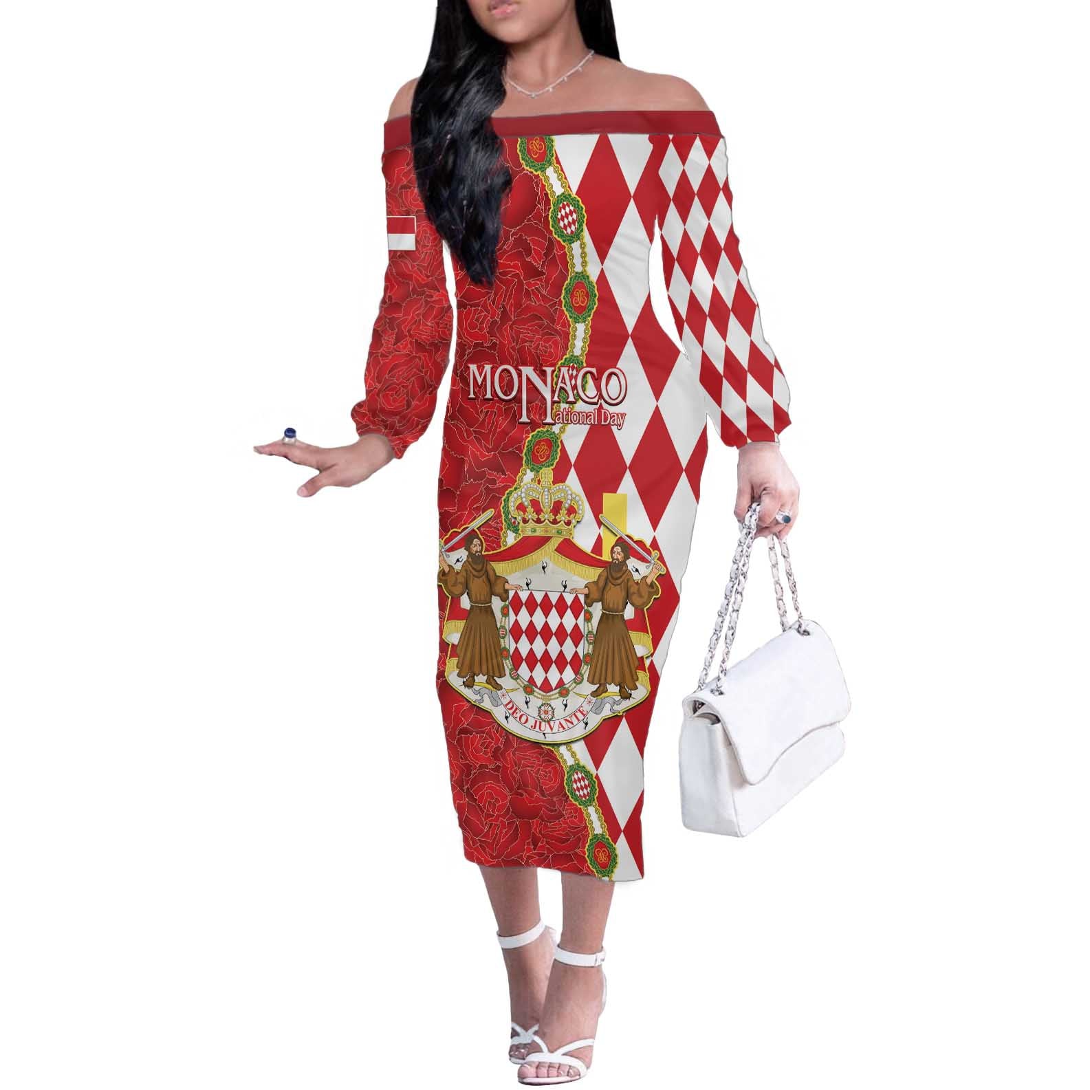 Monaco National Day Off The Shoulder Long Sleeve Dress Coat Of Arms Mix Red Carnation Pattern - Wonder Print Shop