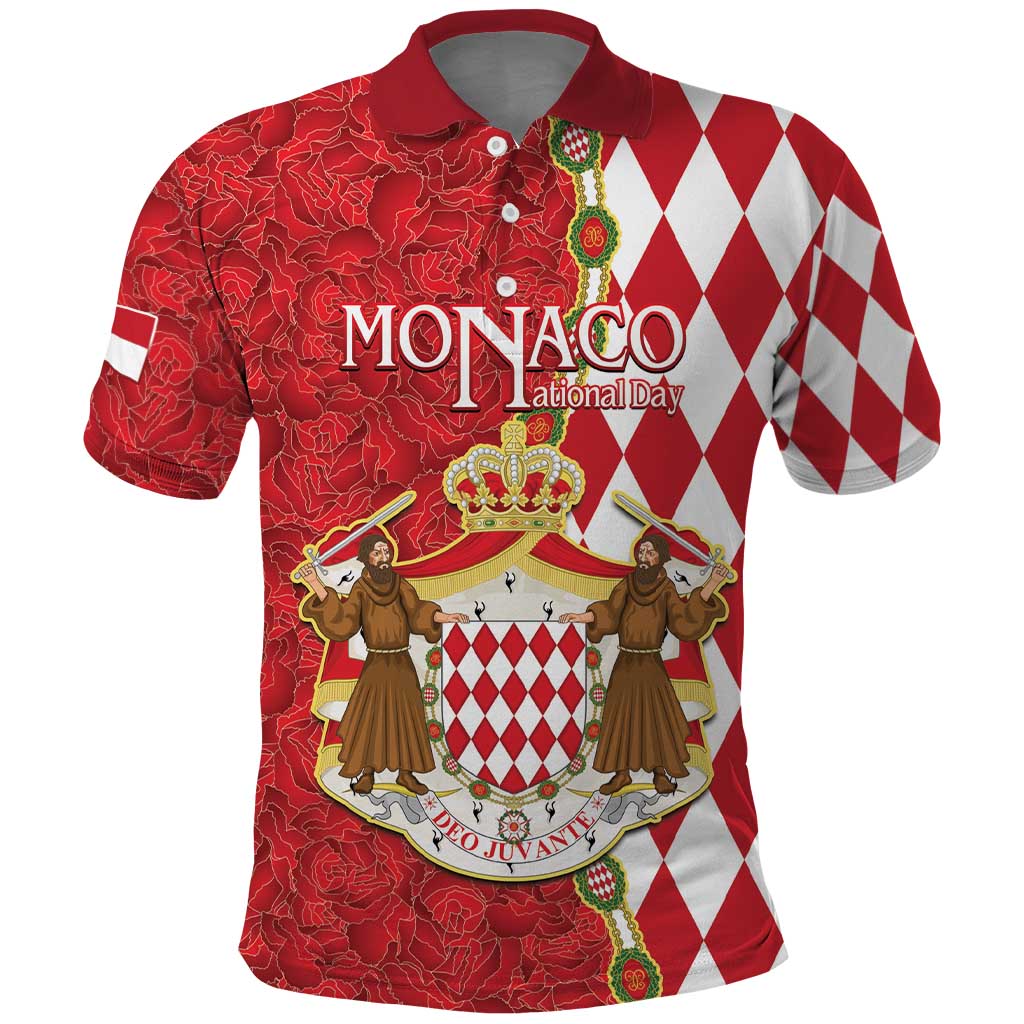 Monaco National Day Polo Shirt Coat Of Arms Mix Red Carnation Pattern - Wonder Print Shop