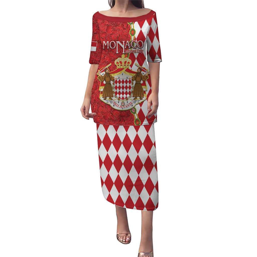 Monaco National Day Puletasi Coat Of Arms Mix Red Carnation Pattern - Wonder Print Shop