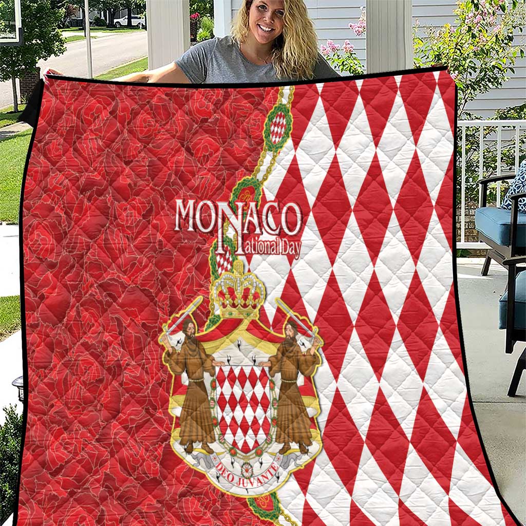 Monaco National Day Quilt Coat Of Arms Mix Red Carnation Pattern - Wonder Print Shop