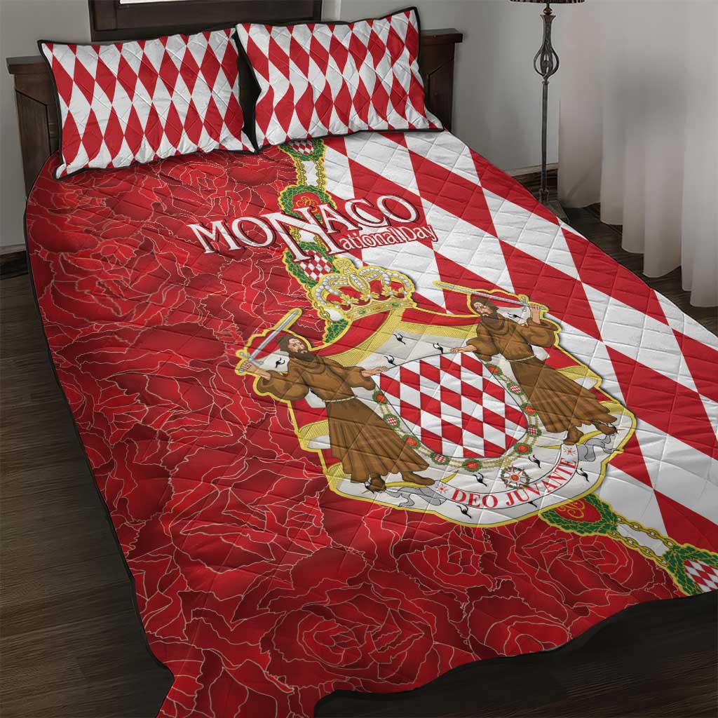 Monaco National Day Quilt Bed Set Coat Of Arms Mix Red Carnation Pattern - Wonder Print Shop