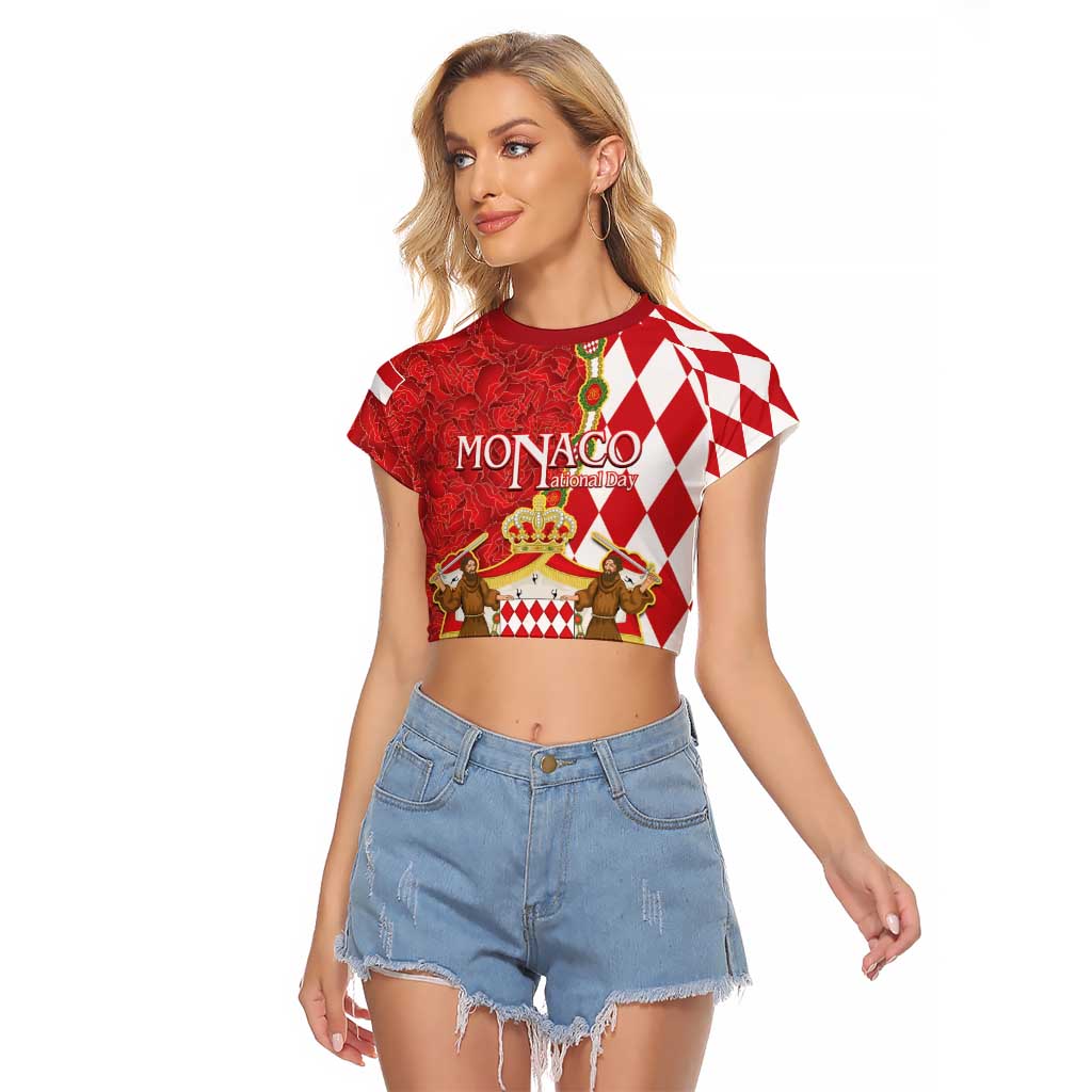 Monaco National Day Raglan Cropped T Shirt Coat Of Arms Mix Red Carnation Pattern - Wonder Print Shop