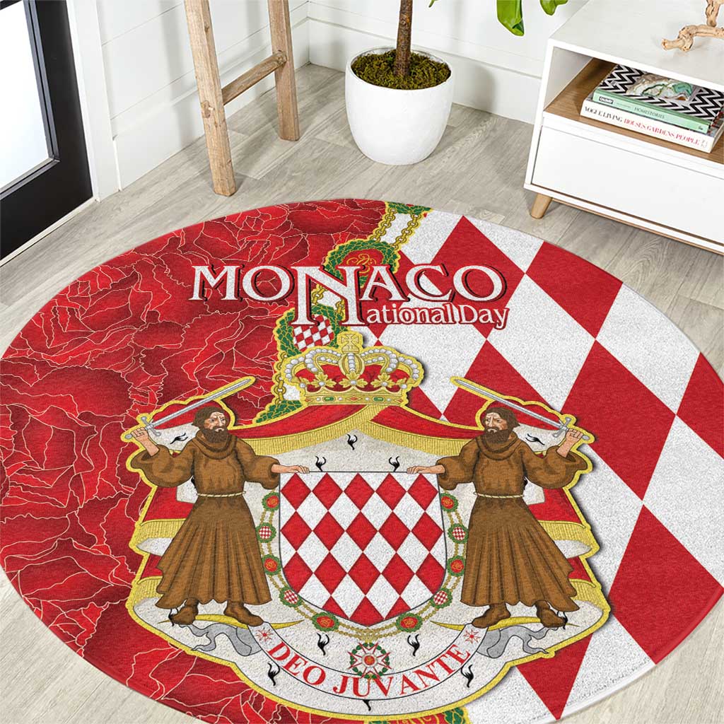 Monaco National Day Round Carpet Coat Of Arms Mix Red Carnation Pattern