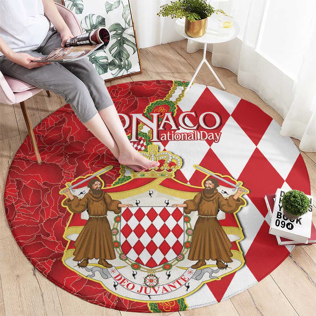 Red and white round coat of arms carpet with national day logo, crown shield and figures