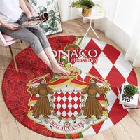 Red and white round coat of arms carpet with national day logo, crown shield and figures