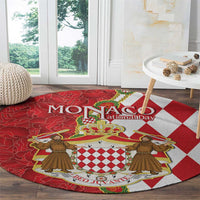 Red and white round coat of arms rug with national day text, central shield and attendants