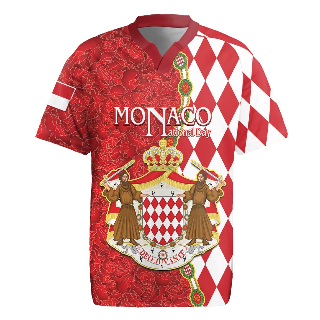 Monaco National Day Rugby Jersey Coat Of Arms Mix Red Carnation Pattern - Wonder Print Shop