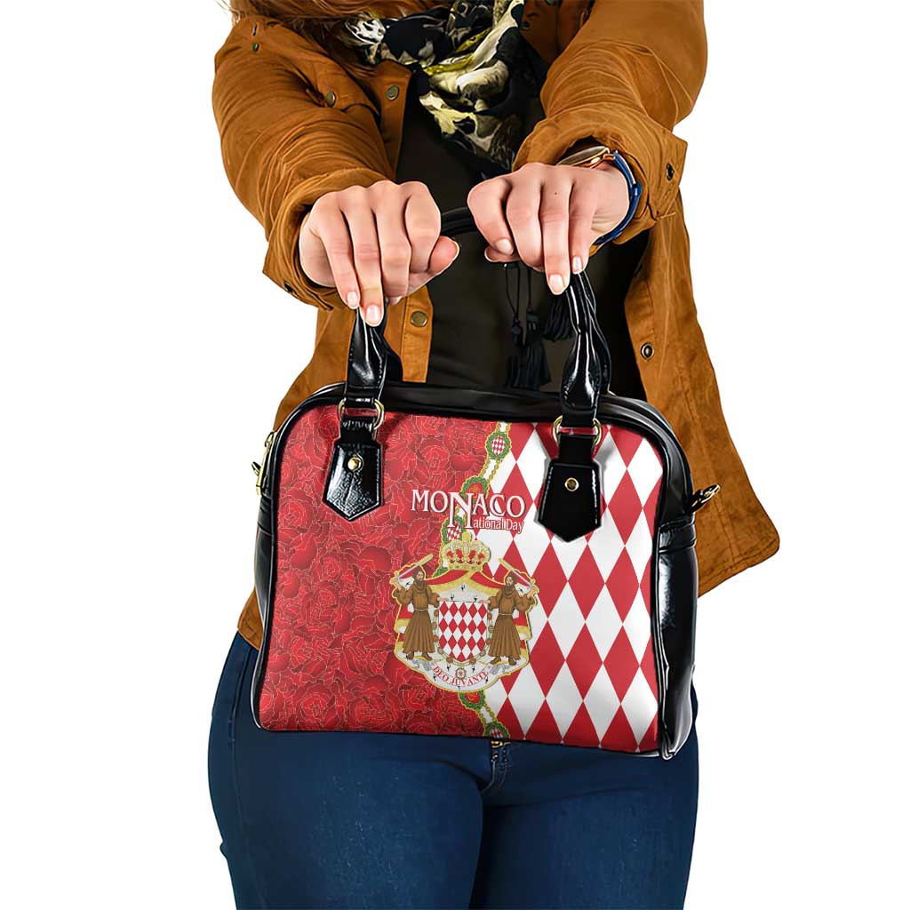 Monaco National Day Shoulder Handbag Coat Of Arms Mix Red Carnation Pattern