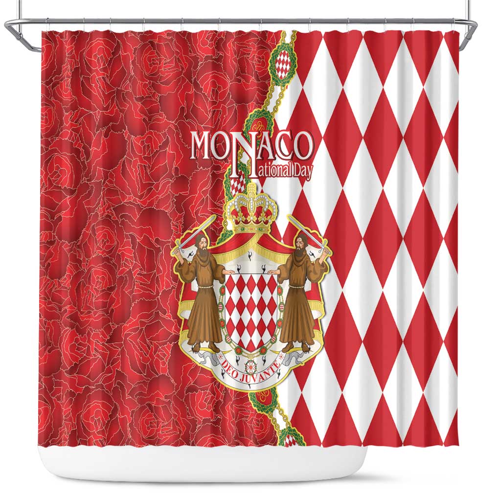 Monaco National Day Shower Curtain Coat Of Arms Mix Red Carnation Pattern