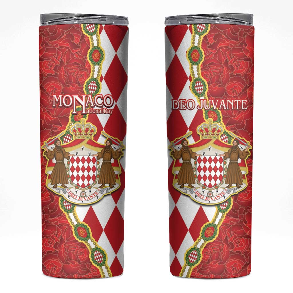 Monaco National Day Skinny Tumbler Coat Of Arms Mix Red Carnation Pattern - Wonder Print Shop