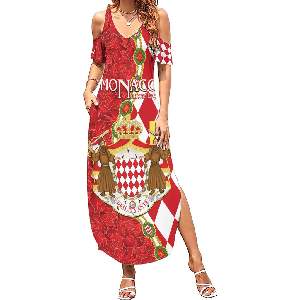 Monaco National Day Summer Maxi Dress Coat Of Arms Mix Red Carnation Pattern - Wonder Print Shop