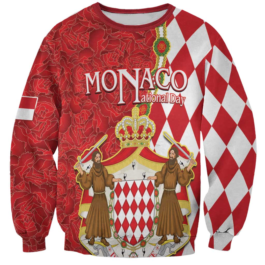 Red sweatshirt with Monaco crest, crown and guards, rose pattern, crew neck